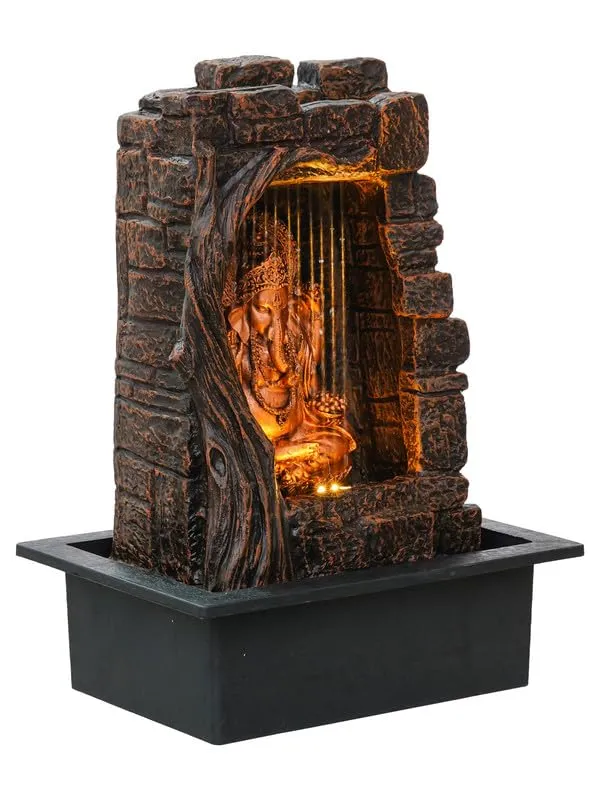Firstly Ganesha Polystone Curtain Style Indoor Table Top Water Fountain with LED Lights and Water Pump (Brown,Golden, 42cm X 31cm X 23cm)