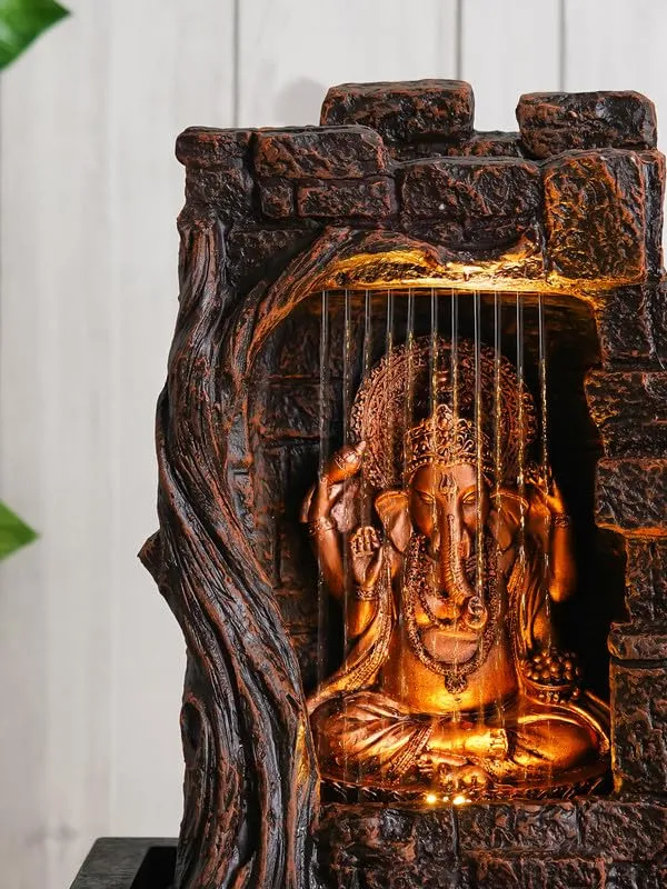 Firstly Ganesha Polystone Curtain Style Indoor Table Top Water Fountain with LED Lights and Water Pump (Brown,Golden, 42cm X 31cm X 23cm)