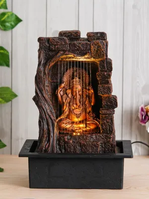 Firstly Ganesha Polystone Curtain Style Indoor Table Top Water Fountain with LED Lights and Water Pump (Brown,Golden, 42cm X 31cm X 23cm)