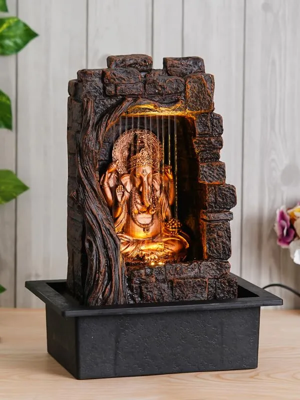 Firstly Ganesha Polystone Curtain Style Indoor Table Top Water Fountain with LED Lights and Water Pump (Brown,Golden, 42cm X 31cm X 23cm)