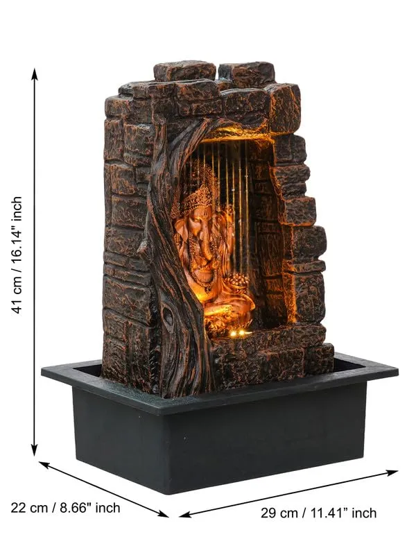 Firstly Ganesha Polystone Curtain Style Indoor Table Top Water Fountain with LED Lights and Water Pump (Brown,Golden, 42cm X 31cm X 23cm)