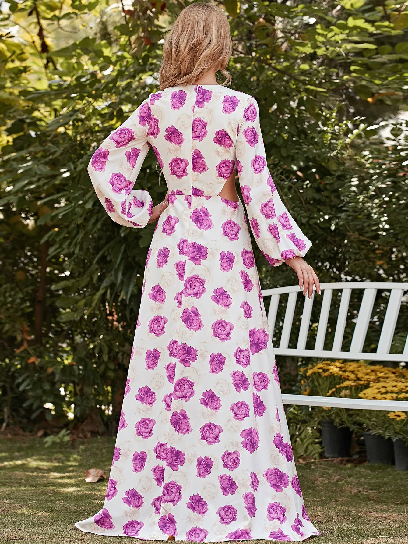 Floral Cutout Side Split Balloon Sleeve Dress