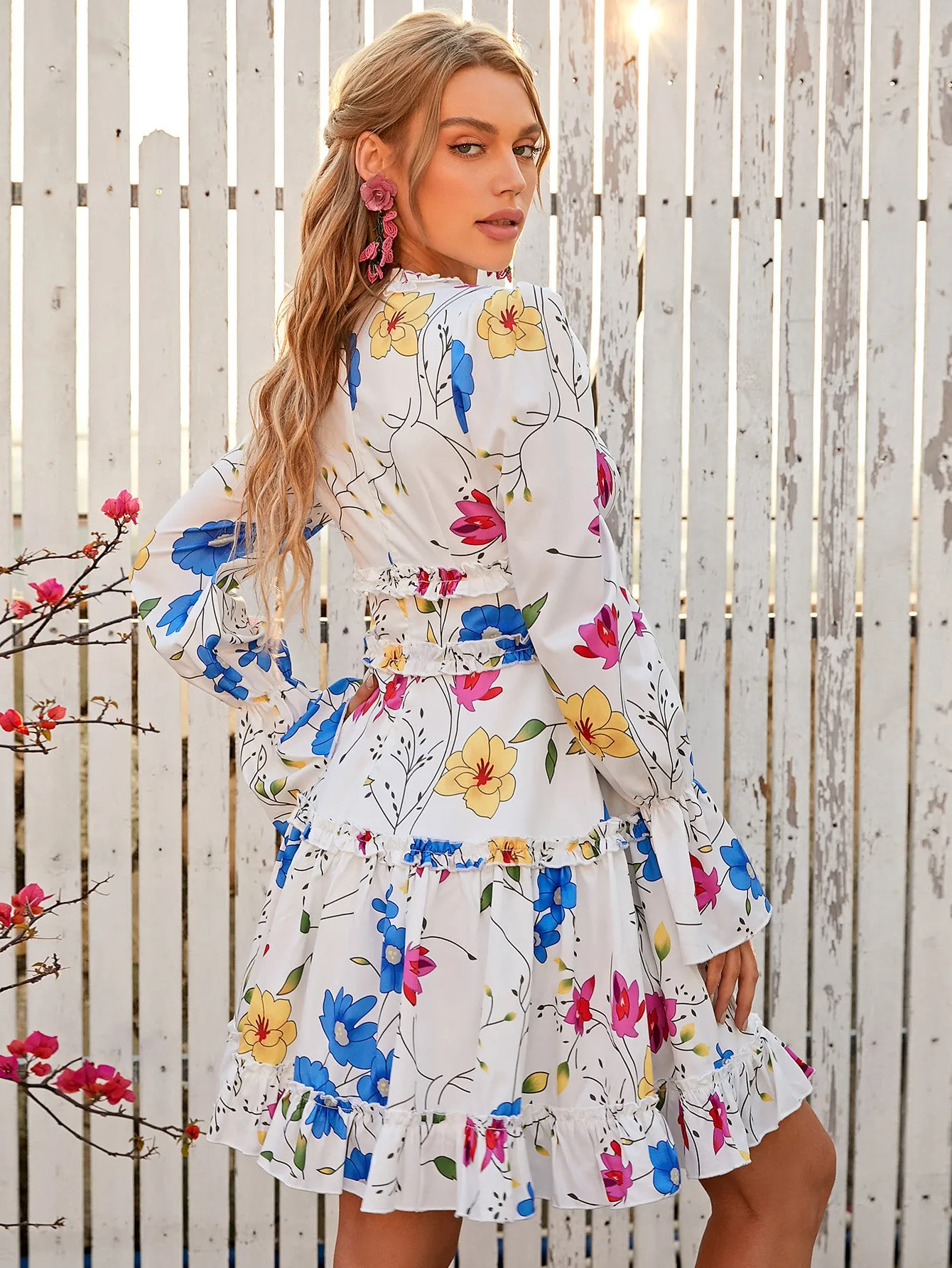 Floral Frill Trim Flounce Sleeve Mini Dress
