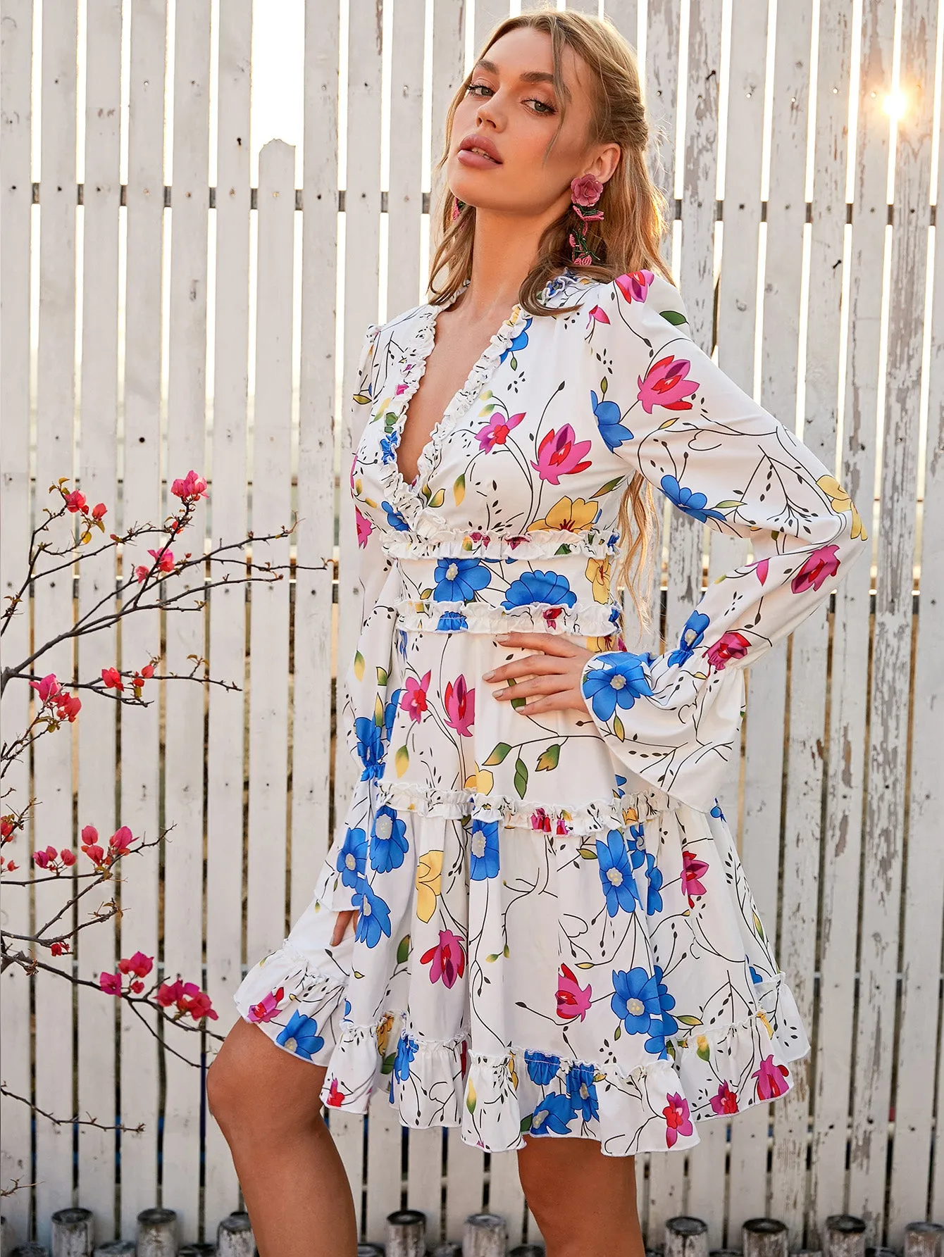 Floral Frill Trim Flounce Sleeve Mini Dress