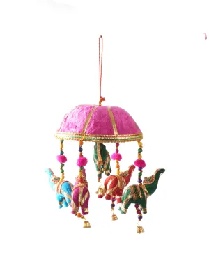 Great Decor Indian Traditional Five Elephant Wind Chime | Handcrafted Rajasthani Wind Chime | Wall Hanging Decorative Showpiece Elephant Latkan with Umbrella Outdoor Hanger | Diwali Latkan Gift