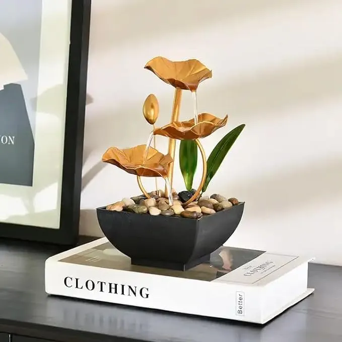 HETVIN Metal Tabletop Water Fountain Home Decor Ornaments with Waterfall Desktop Lotus Fountains, Deep Basin & Natural River Rocks, Indoor Zen Relaxation for Office, Bedroom Decor Item