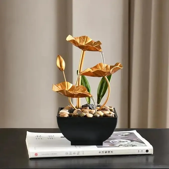 HETVIN Metal Tabletop Water Fountain Home Decor Ornaments with Waterfall Desktop Lotus Fountains, Deep Basin & Natural River Rocks, Indoor Zen Relaxation for Office, Bedroom Decor Item