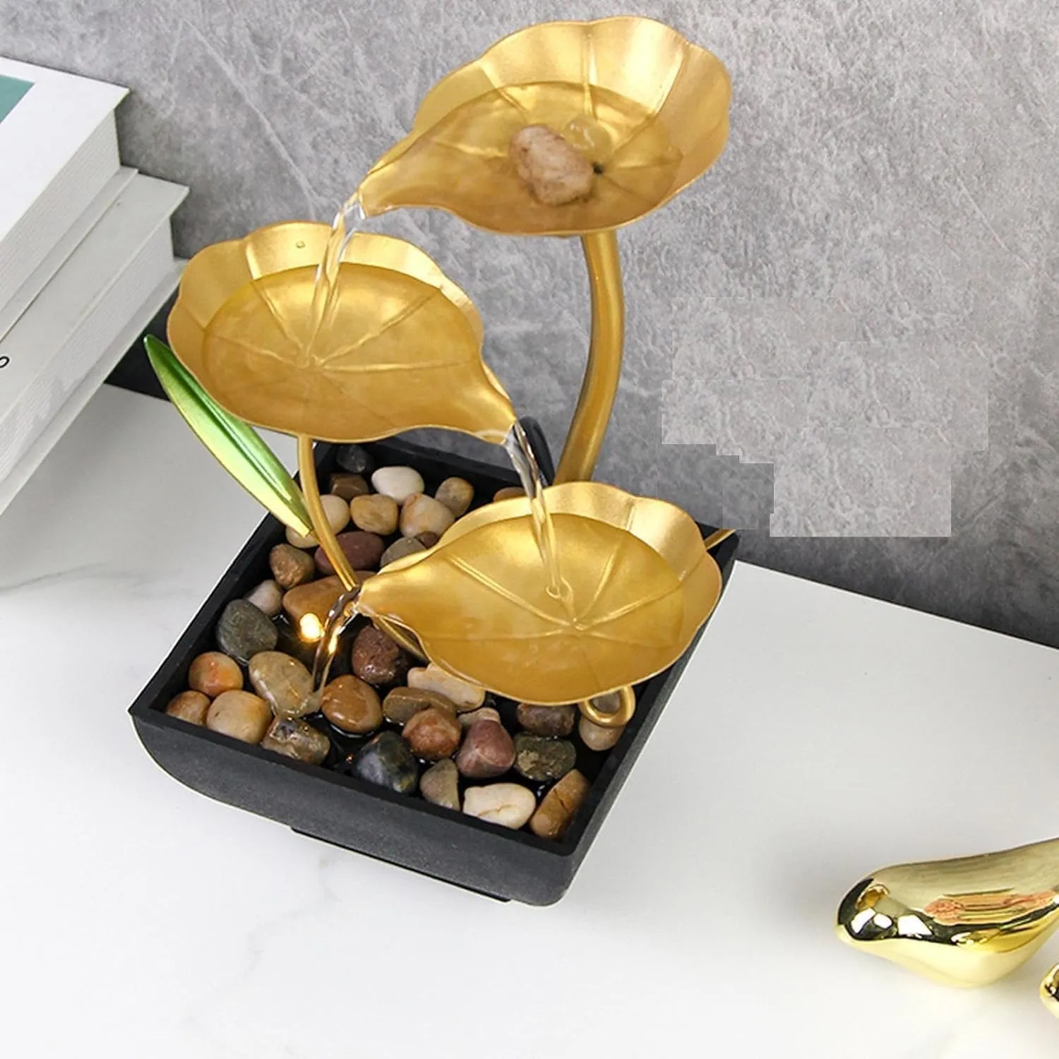HETVIN Metal Tabletop Water Fountain Home Decor Ornaments with Waterfall Desktop Lotus Fountains, Deep Basin & Natural River Rocks, Indoor Zen Relaxation for Office, Bedroom Decor Item