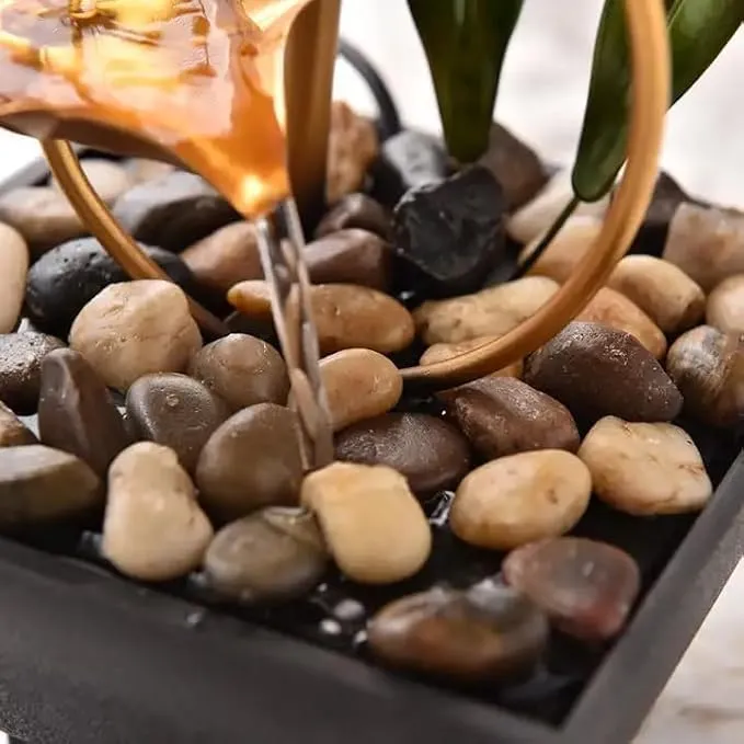 HETVIN Metal Tabletop Water Fountain Home Decor Ornaments with Waterfall Desktop Lotus Fountains, Deep Basin & Natural River Rocks, Indoor Zen Relaxation for Office, Bedroom Decor Item