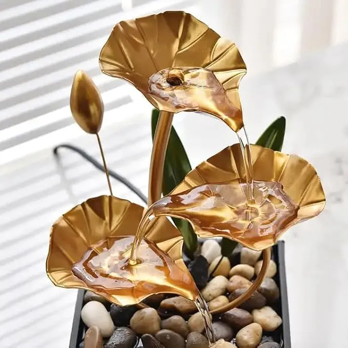HETVIN Metal Tabletop Water Fountain Home Decor Ornaments with Waterfall Desktop Lotus Fountains, Deep Basin & Natural River Rocks, Indoor Zen Relaxation for Office, Bedroom Decor Item