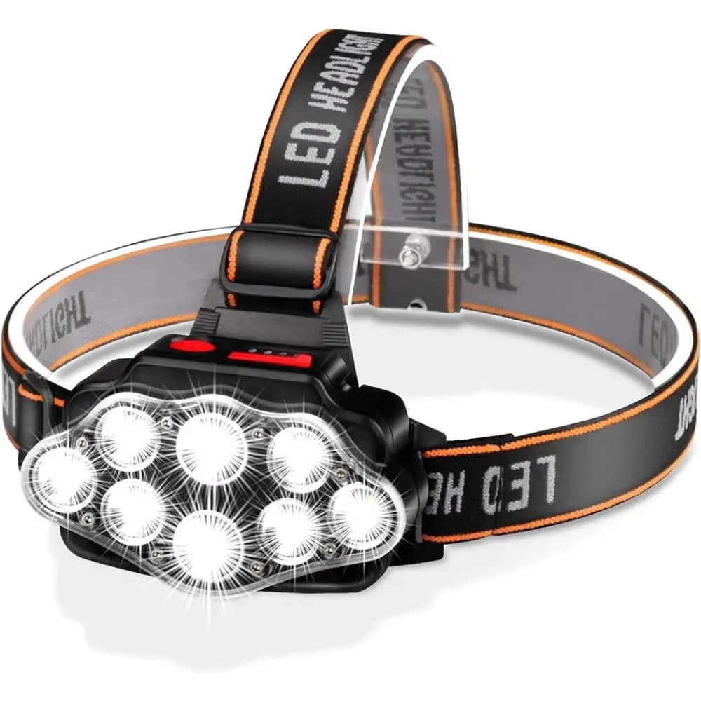 High-Lumen USB Rechargeable LED Headlamp – 8 LEDs, IPX4 Waterproof, Perfect for Camping & Outdoors
