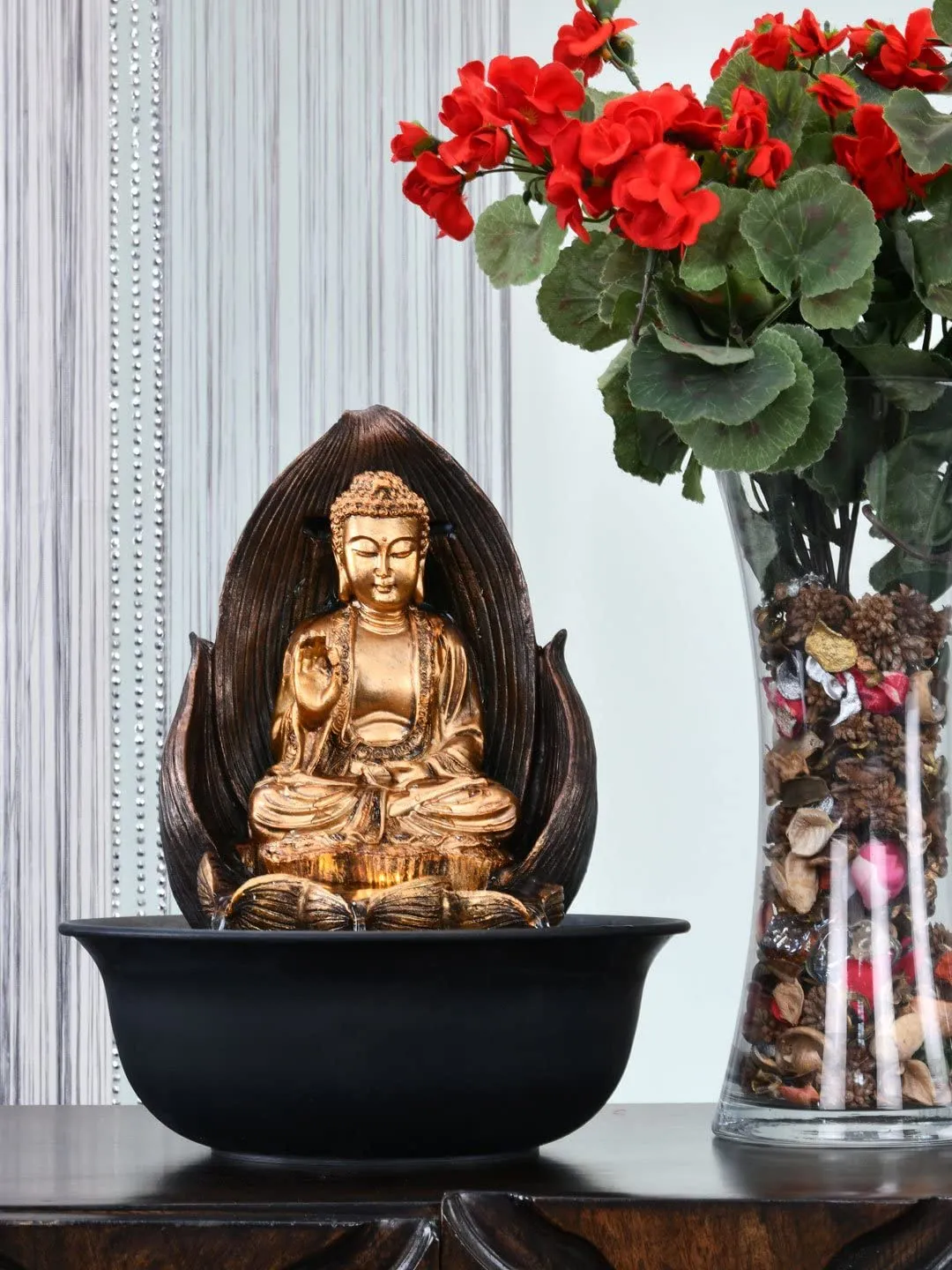 @home by Nilkamal Buddha on Flower Water Fountain|Polyresin|Perfect Décor for Home, Office, Gifting|Helps in Meditatation & Relaxation|Set of 1 Water Fountain|Size - 24 cm x 30 cm| Gold