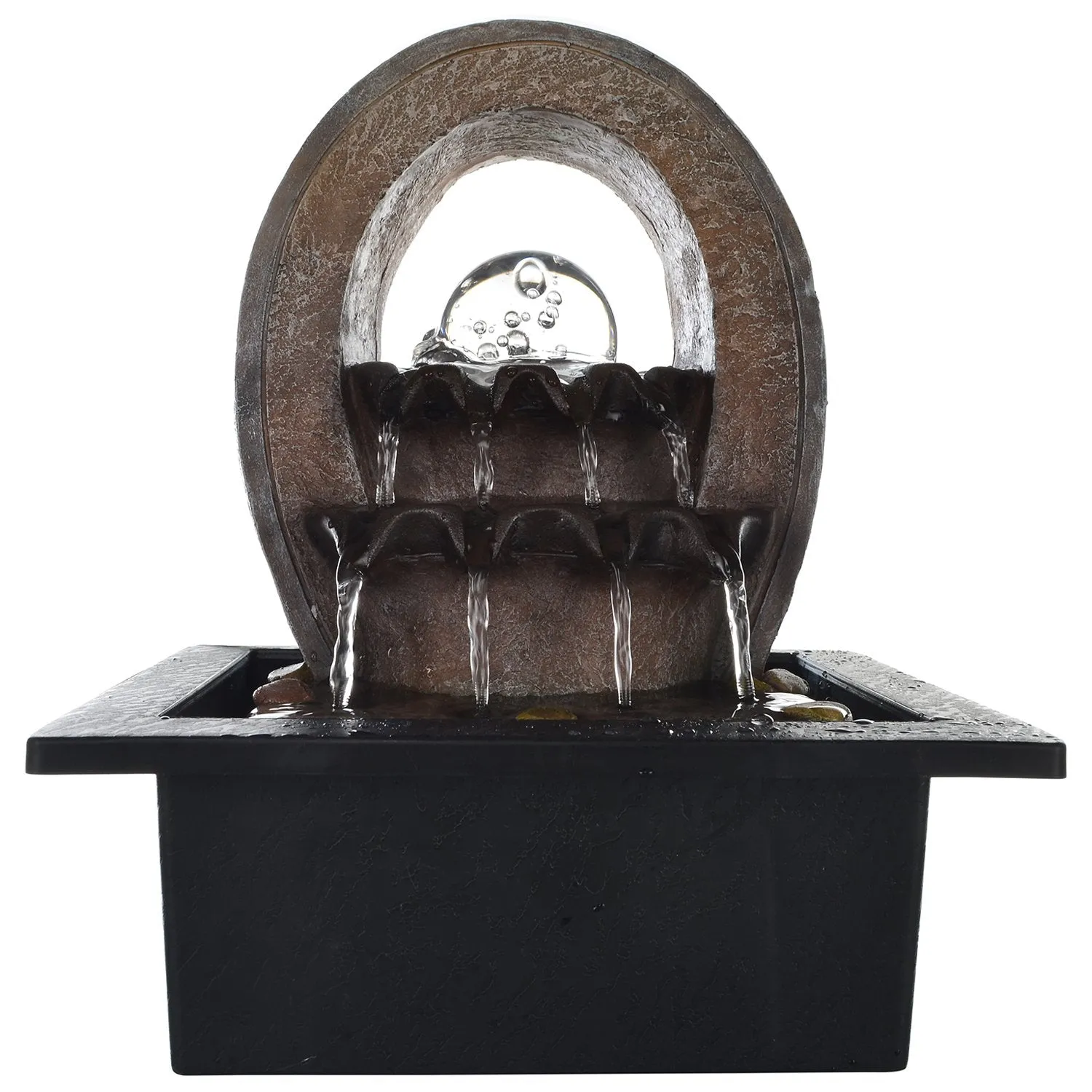 INDIANA CRAFT Polyresin Brown Designer Oval Table Top Indoor 2 Steps Waterfall Fountain with Yellow LED Lights, Water Flow Controller Pump and Crystal Ball (Size: 25 x 21 x 18.5CM | Weight: 1180grm)