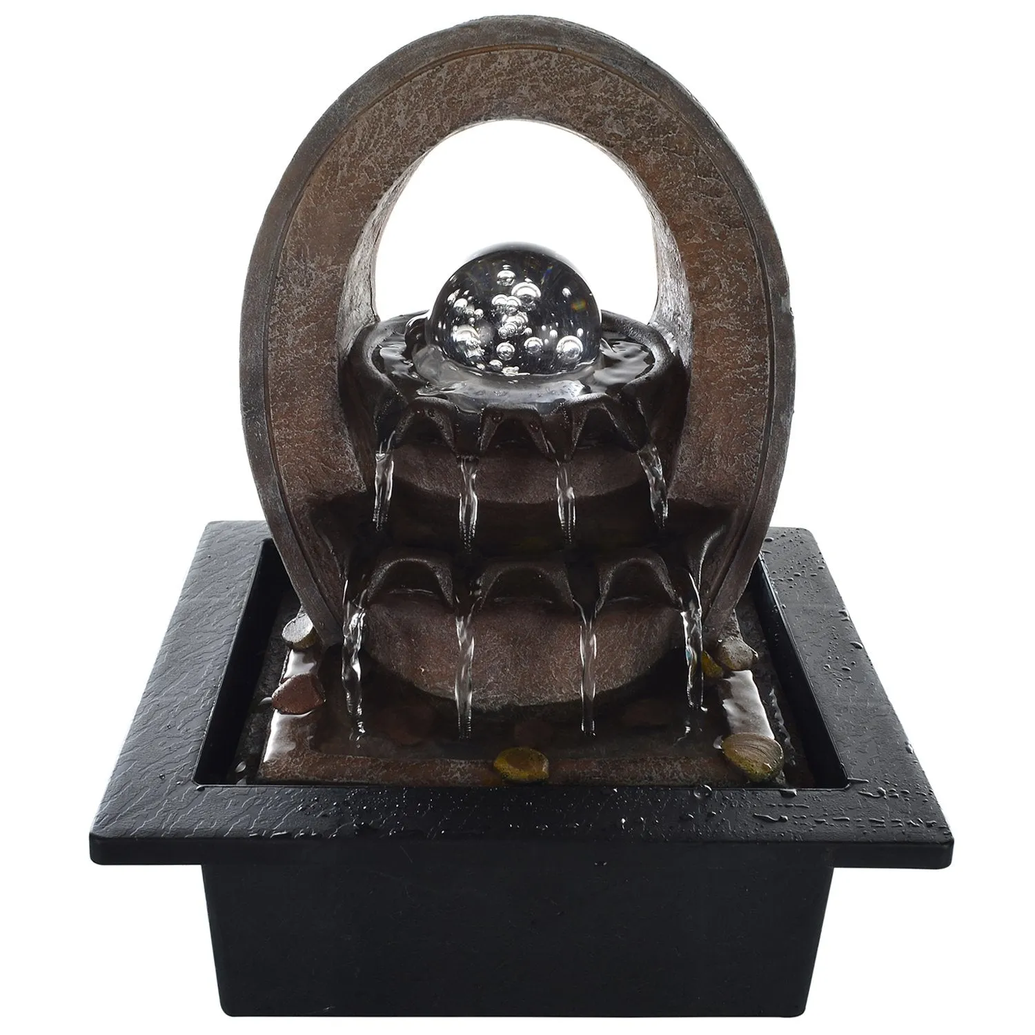 INDIANA CRAFT Polyresin Brown Designer Oval Table Top Indoor 2 Steps Waterfall Fountain with Yellow LED Lights, Water Flow Controller Pump and Crystal Ball (Size: 25 x 21 x 18.5CM | Weight: 1180grm)