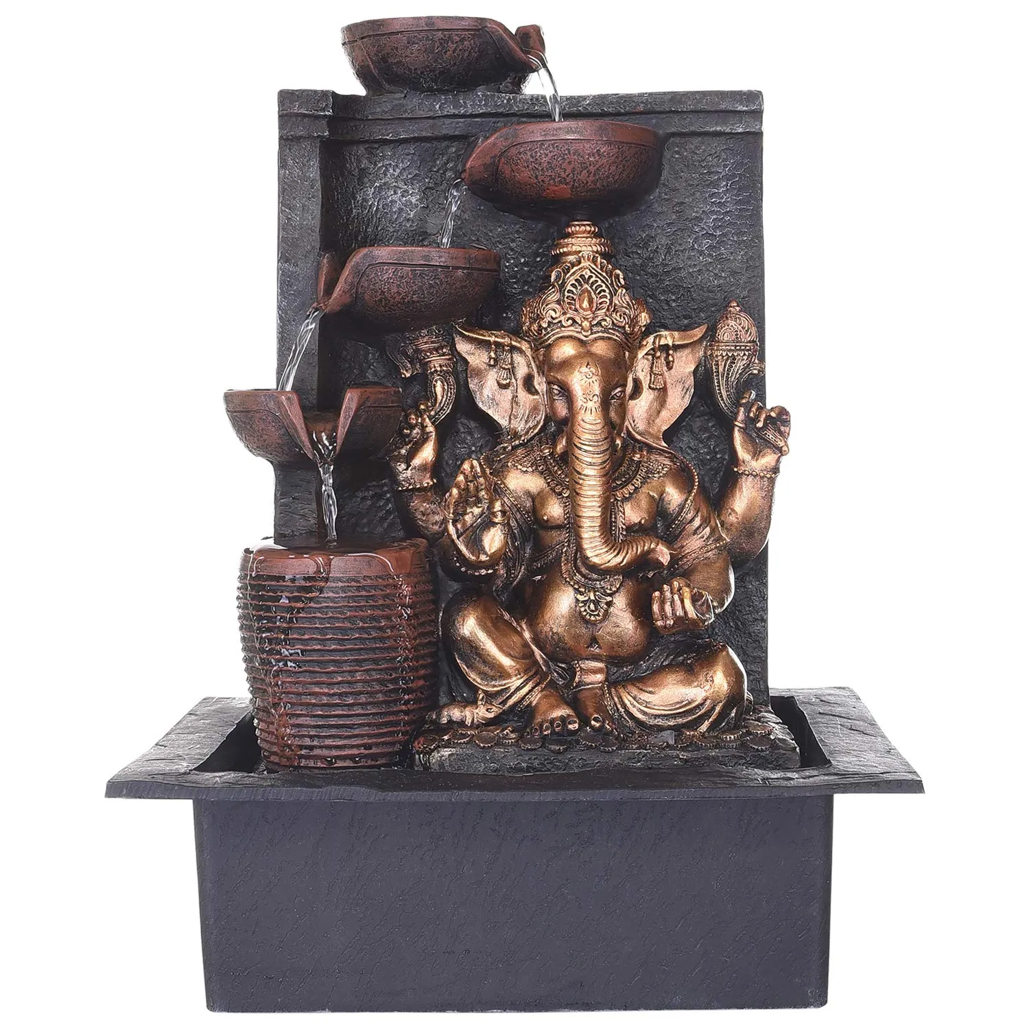 INDIANA CRAFT Polyresin Golden Brown Ganesha Idol Tabletop Indoor 4 Diya Steps Water Fountain for Home Decor with Yellow LED Light & Water Flow Controller Pump (Size: 39 x 29.5 x 22CM | Wt: 2195grm)