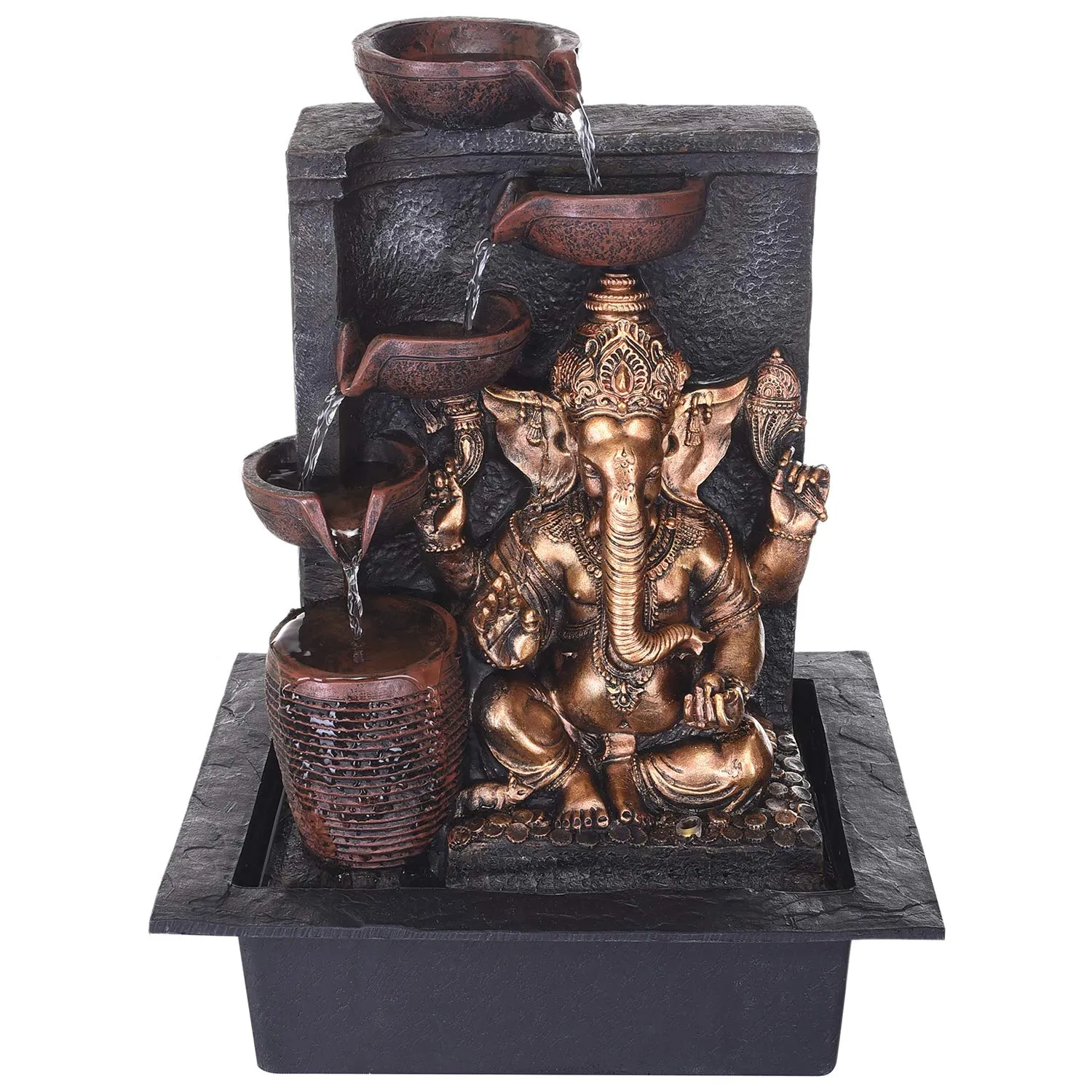 INDIANA CRAFT Polyresin Golden Brown Ganesha Idol Tabletop Indoor 4 Diya Steps Water Fountain for Home Decor with Yellow LED Light & Water Flow Controller Pump (Size: 39 x 29.5 x 22CM | Wt: 2195grm)