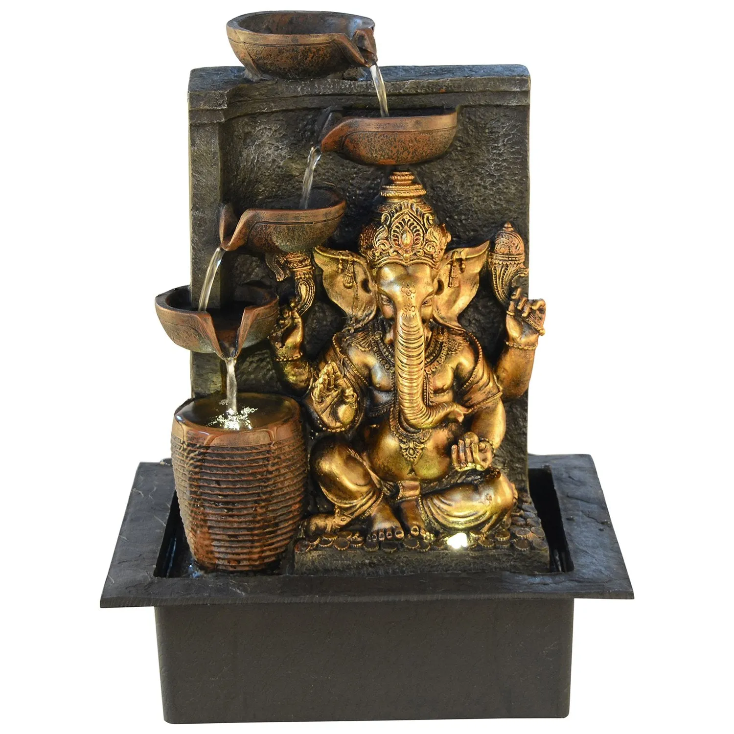 INDIANA CRAFT Polyresin Golden Brown Ganesha Idol Tabletop Indoor 4 Diya Steps Water Fountain for Home Decor with Yellow LED Light & Water Flow Controller Pump (Size: 39 x 29.5 x 22CM | Wt: 2195grm)