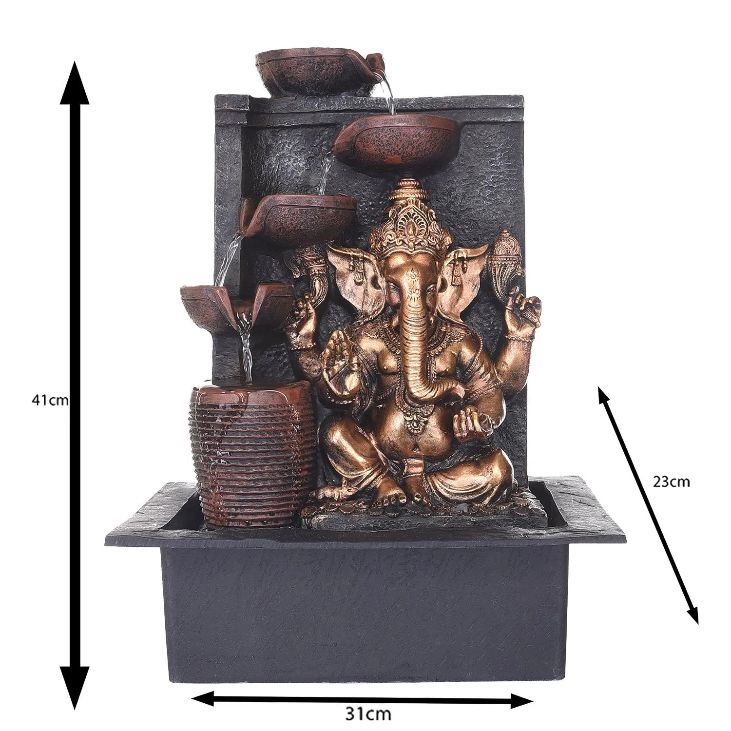 INDIANA CRAFT Polyresin Golden Brown Ganesha Idol Tabletop Indoor 4 Diya Steps Water Fountain for Home Decor with Yellow LED Light & Water Flow Controller Pump (Size: 39 x 29.5 x 22CM | Wt: 2195grm)