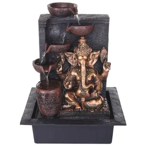 INDIANA CRAFT Polyresin Golden Brown Ganesha Idol Tabletop Indoor 4 Diya Steps Water Fountain for Home Decor with Yellow LED Light & Water Flow Controller Pump (Size: 39 x 29.5 x 22CM | Wt: 2195grm)