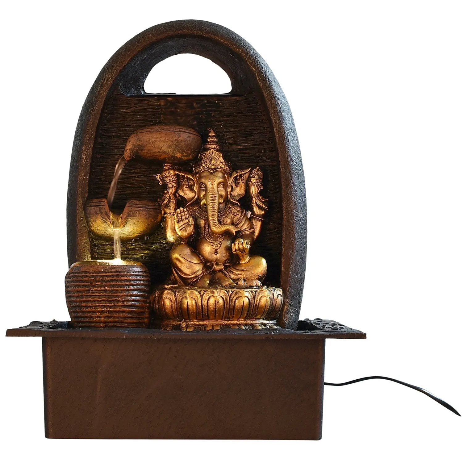 INDIANA CRAFT Polyresin Tabletop Ganesha Idol Indoor 3 Diya Steps Water Fountain for Home Decor with Yellow LED Lights & Water Flow Controller Pump (Size: 39 x 29.5 x 22 CM | Colour: Brown & Golden)