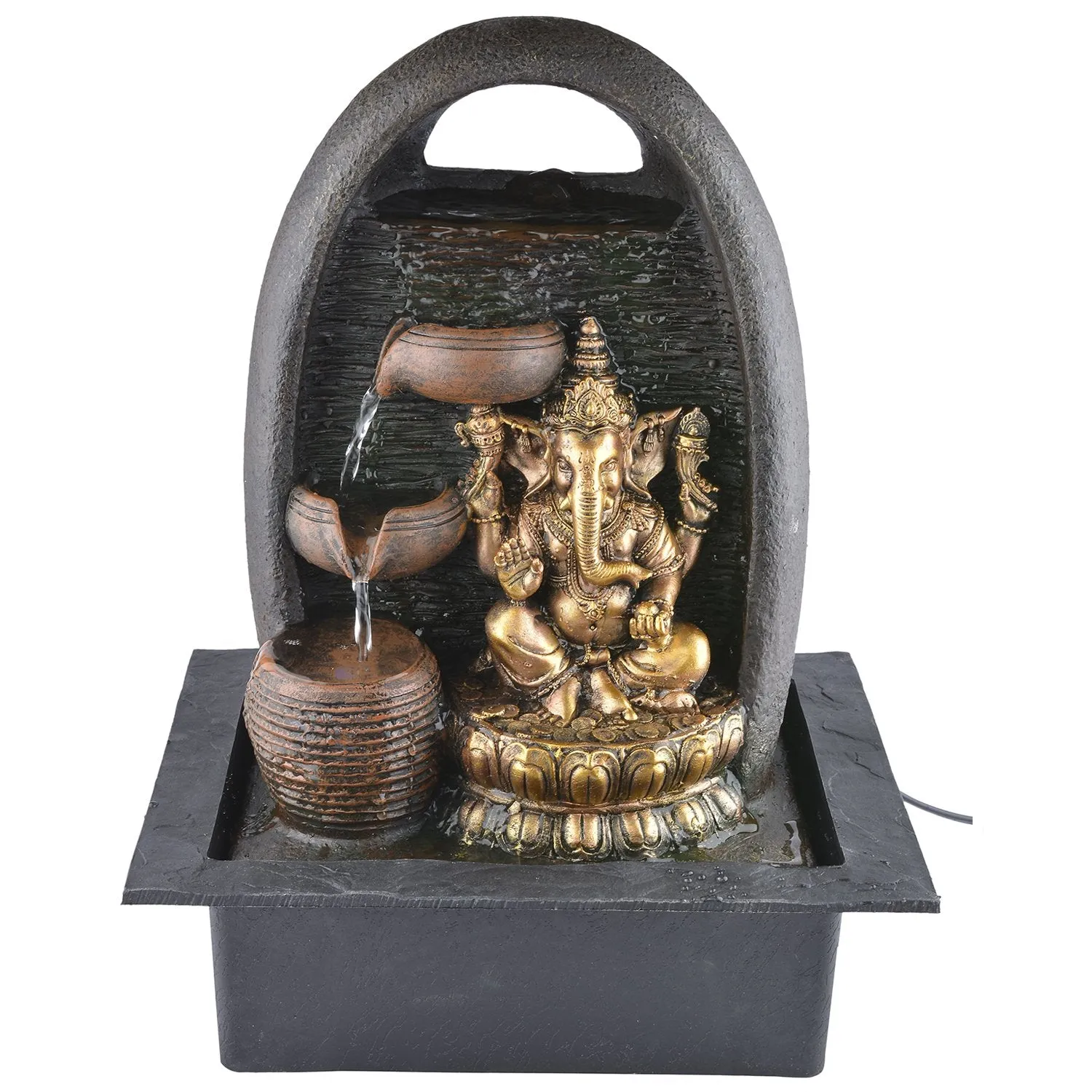 INDIANA CRAFT Polyresin Tabletop Ganesha Idol Indoor 3 Diya Steps Water Fountain for Home Decor with Yellow LED Lights & Water Flow Controller Pump (Size: 39 x 29.5 x 22 CM | Colour: Brown & Golden)