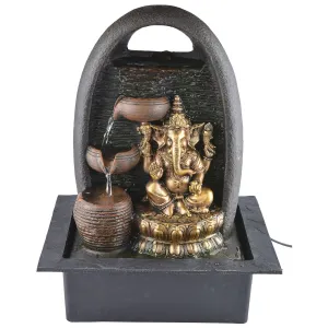 INDIANA CRAFT Polyresin Tabletop Ganesha Idol Indoor 3 Diya Steps Water Fountain for Home Decor with Yellow LED Lights & Water Flow Controller Pump (Size: 39 x 29.5 x 22 CM | Colour: Brown & Golden)