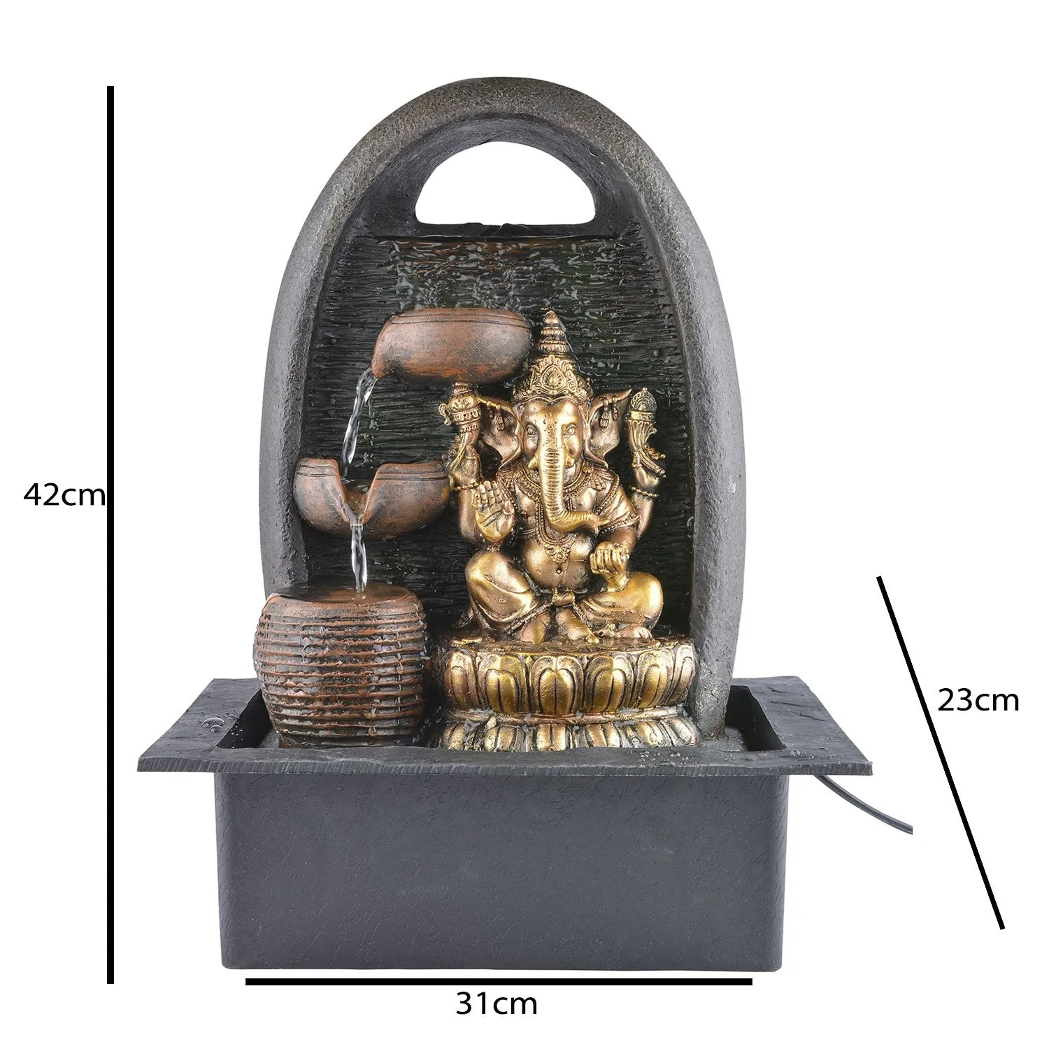 INDIANA CRAFT Polyresin Tabletop Ganesha Idol Indoor 3 Diya Steps Water Fountain for Home Decor with Yellow LED Lights & Water Flow Controller Pump (Size: 39 x 29.5 x 22 CM | Colour: Brown & Golden)
