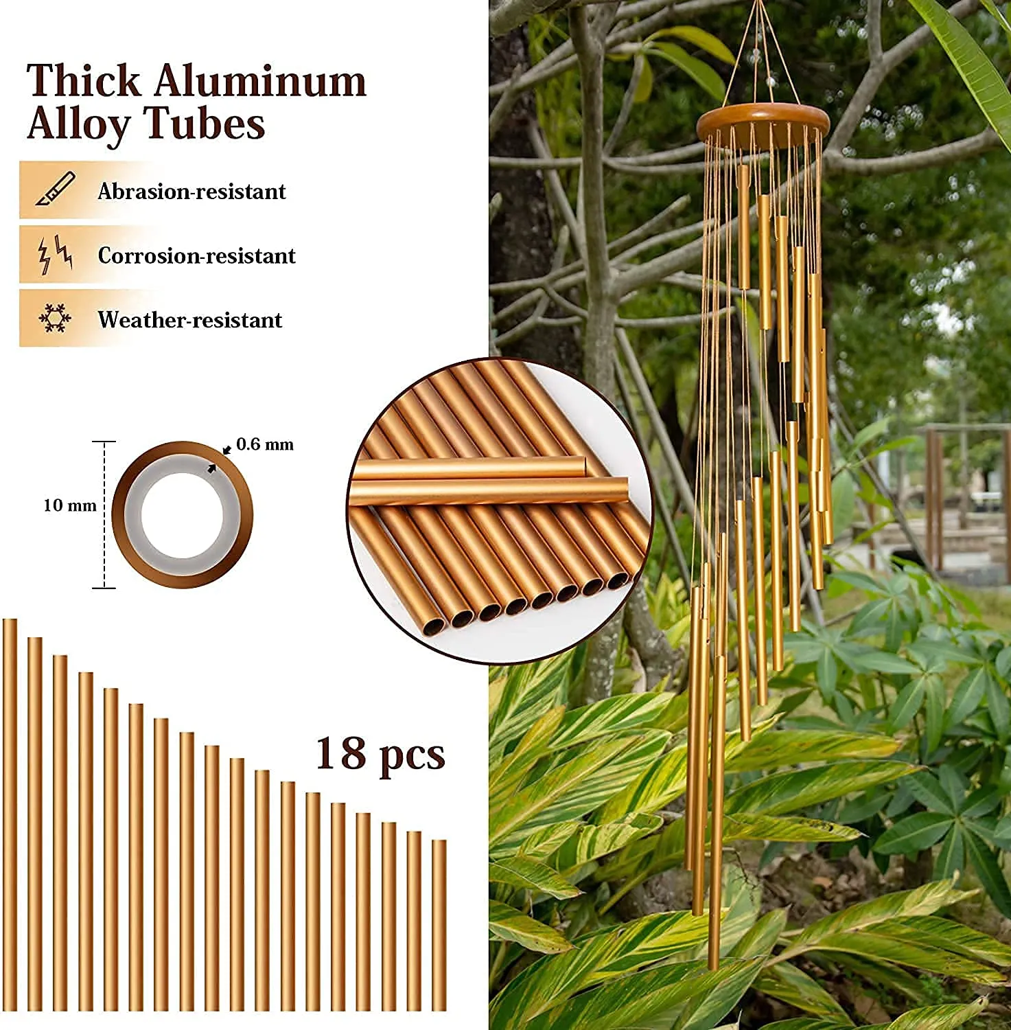 LEIGARF Gold Aluminum Wind Chimes for Home Positive Energy | Wind Chimes for Balcony Bedroom with Sweet Sound (36 inch Long)