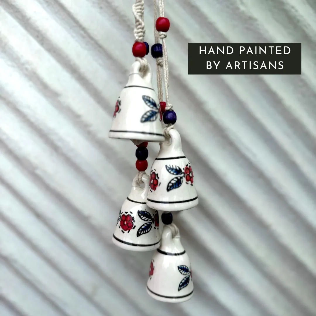 Macrame Symphony, 4 Mini Ceramic Bells Home Wall Décor Handmade Home Wall Décor, Wind Chime