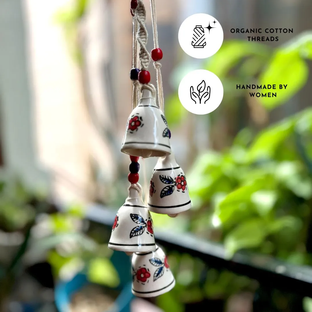 Macrame Symphony, 4 Mini Ceramic Bells Home Wall Décor Handmade Home Wall Décor, Wind Chime
