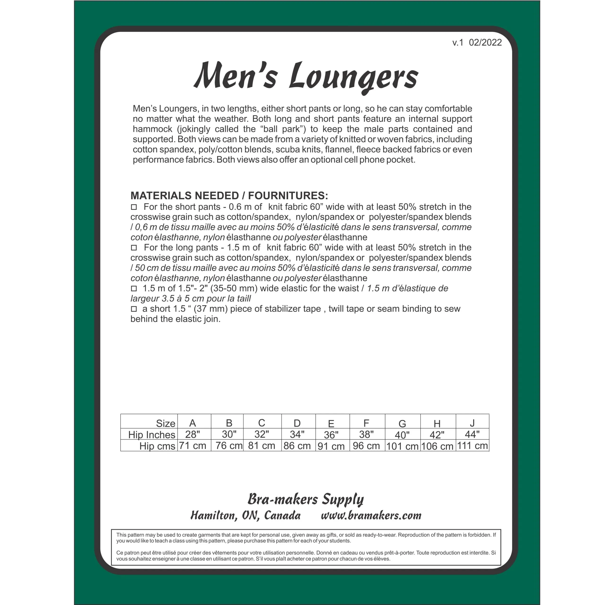 Mens Loungers Pattern, Loungers Pattern for Men, Bra-Makers Supply
