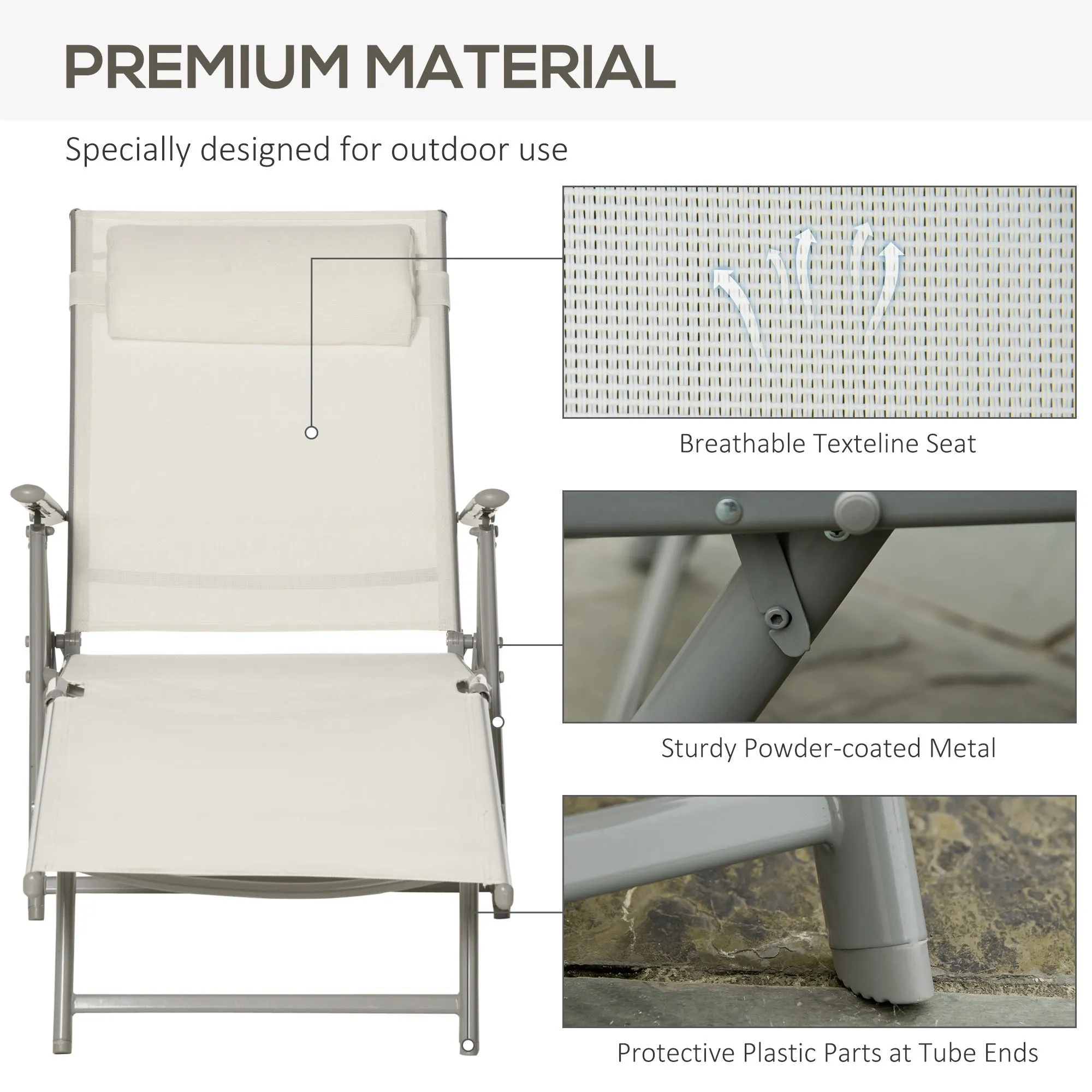 Outdoor Patio Sun Lounger Garden Textilene Foldable Reclining Chair Pillow Adjustable Recliner with Cushion - Cream White