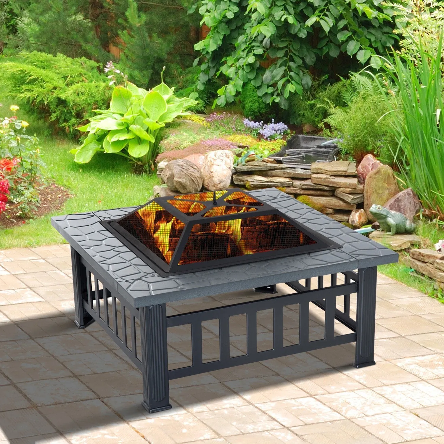 Outsunny 32&quot; Metal Square Outdoor Patio Backyard Fire Pit with Cover