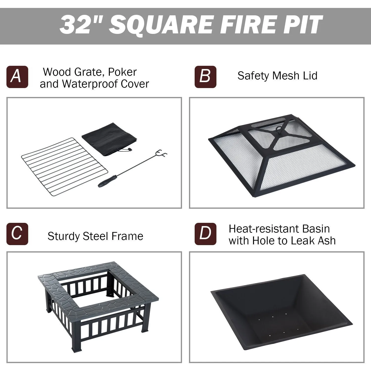 Outsunny 32&quot; Metal Square Outdoor Patio Backyard Fire Pit with Cover