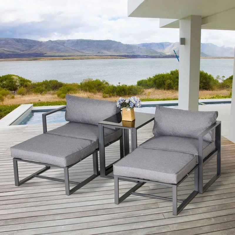 Outsunny 5 Piece Garden Conversation Set Sun Lounger 2 Footstools End Table with Cushions