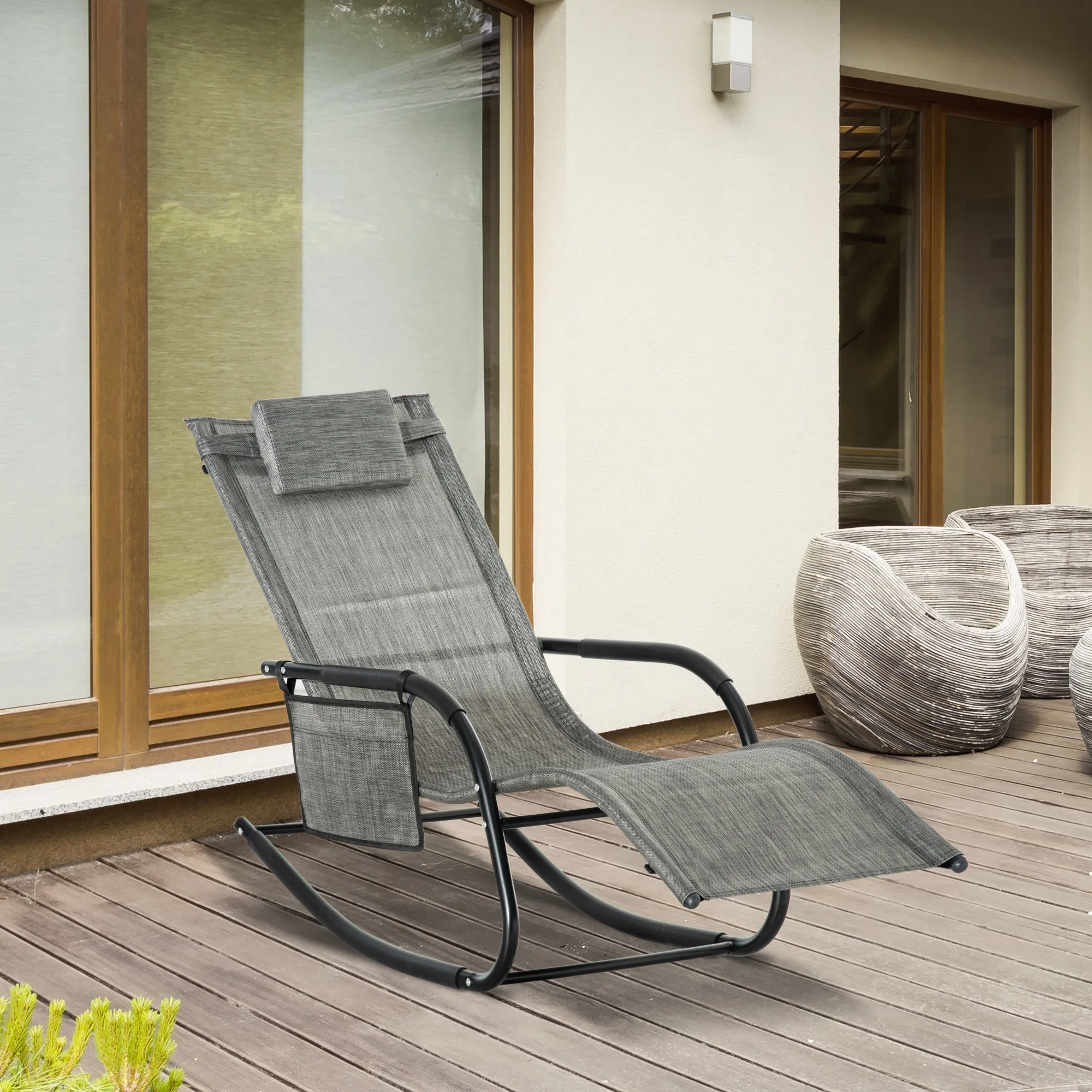 Outsunny Breathable Mesh Rocking Chair Patio Rocker Lounge For Indoor & Outdoor Recliner Seat W/ Removable Headrest For Garden And Patio Dark Grey
