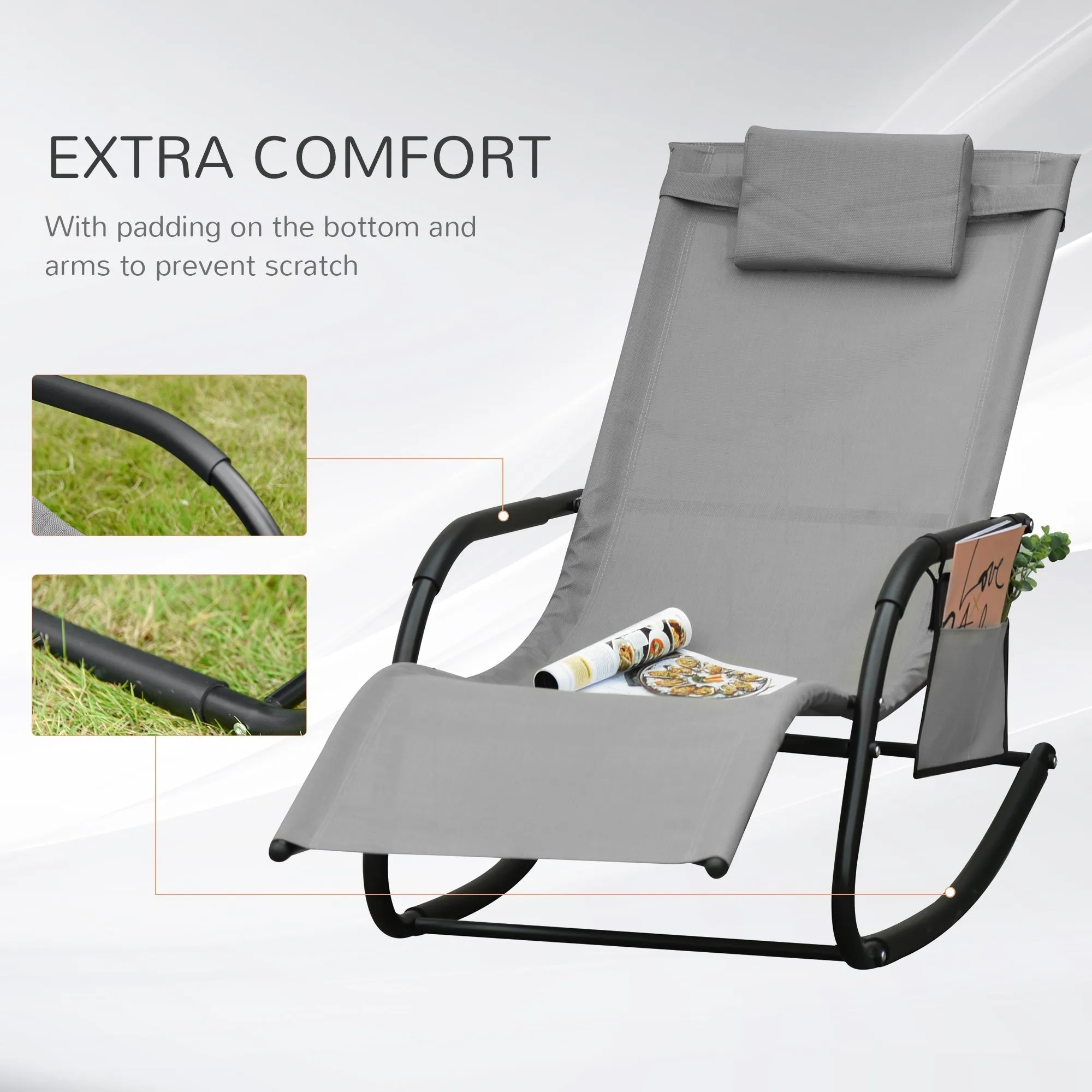 Outsunny Breathable Mesh Rocking Chair Patio Rocker Lounge For Indoor & Outdoor Recliner Seat W/ Removable Headrest For Garden And Patio Grey