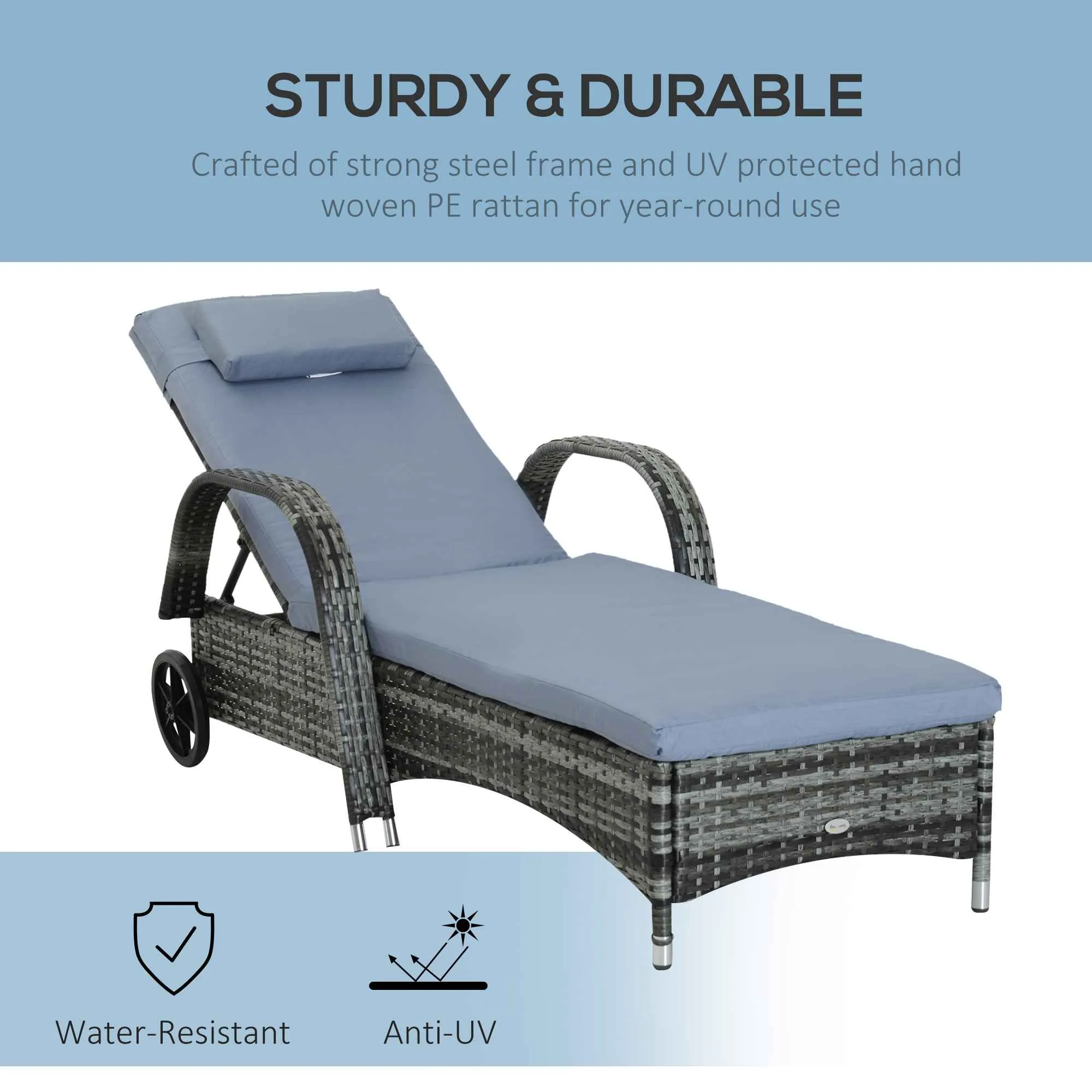 Outsunny Garden Rattan Furniture Single Sun Lounger Recliner Bed Reclining Chair Patio Outdoor Wicker Weave Adjustable Headrest With Fire Retardant Cushion - Grey