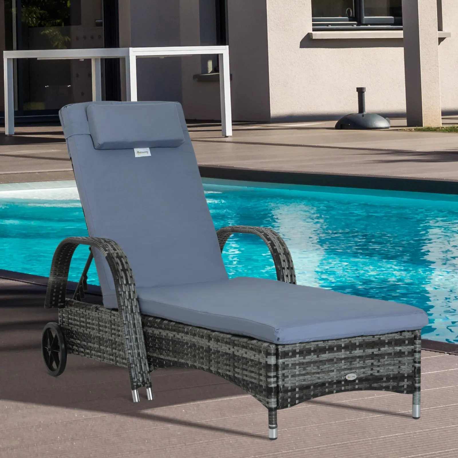 Outsunny Garden Rattan Furniture Single Sun Lounger Recliner Bed Reclining Chair Patio Outdoor Wicker Weave Adjustable Headrest With Fire Retardant Cushion - Grey