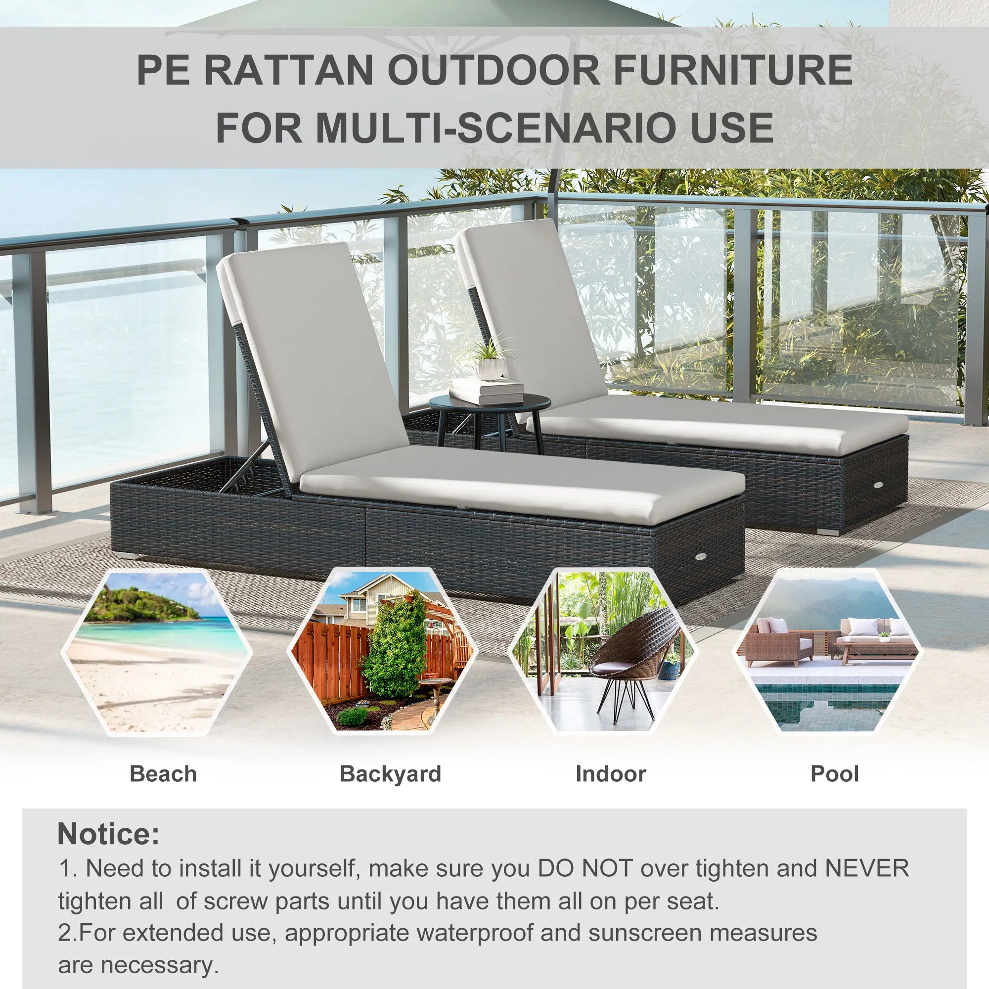 Outsunny Rattan Sun Loungers Set of 2, Recliner Chairs, Adjustable Back, Brown