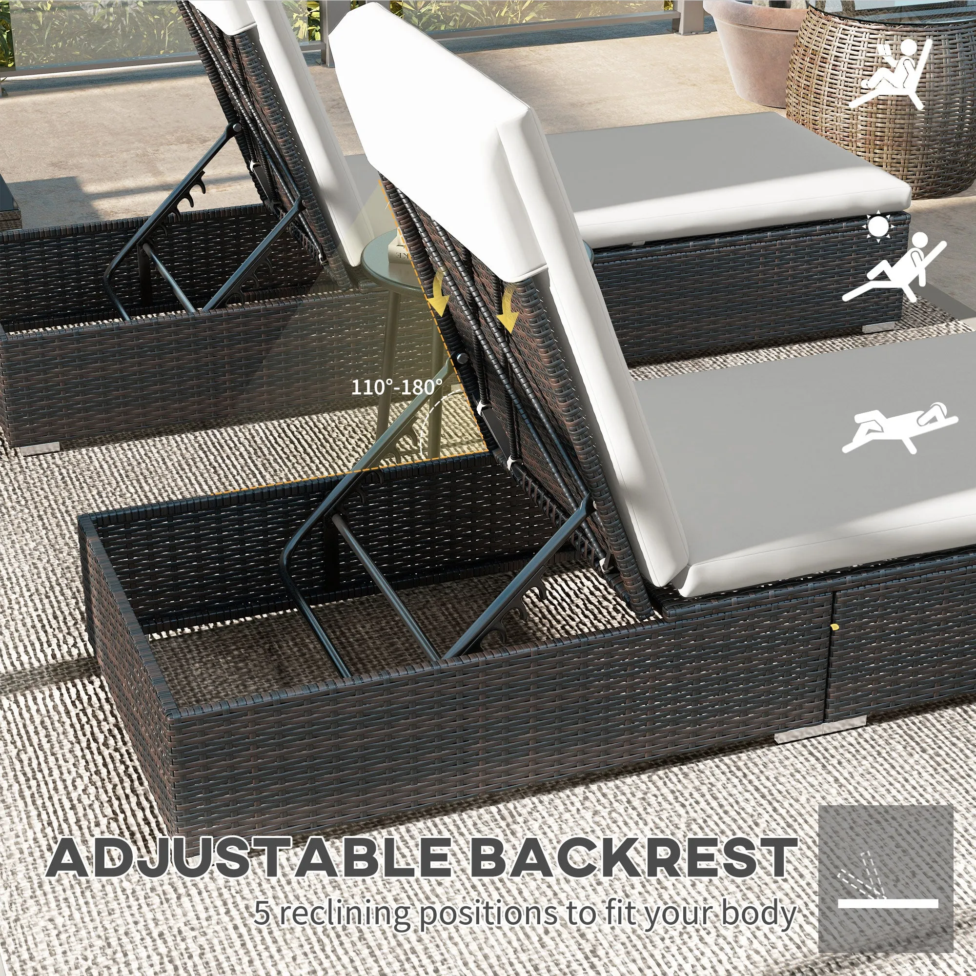 Outsunny Rattan Sun Loungers Set of 2, Recliner Chairs, Adjustable Back, Brown
