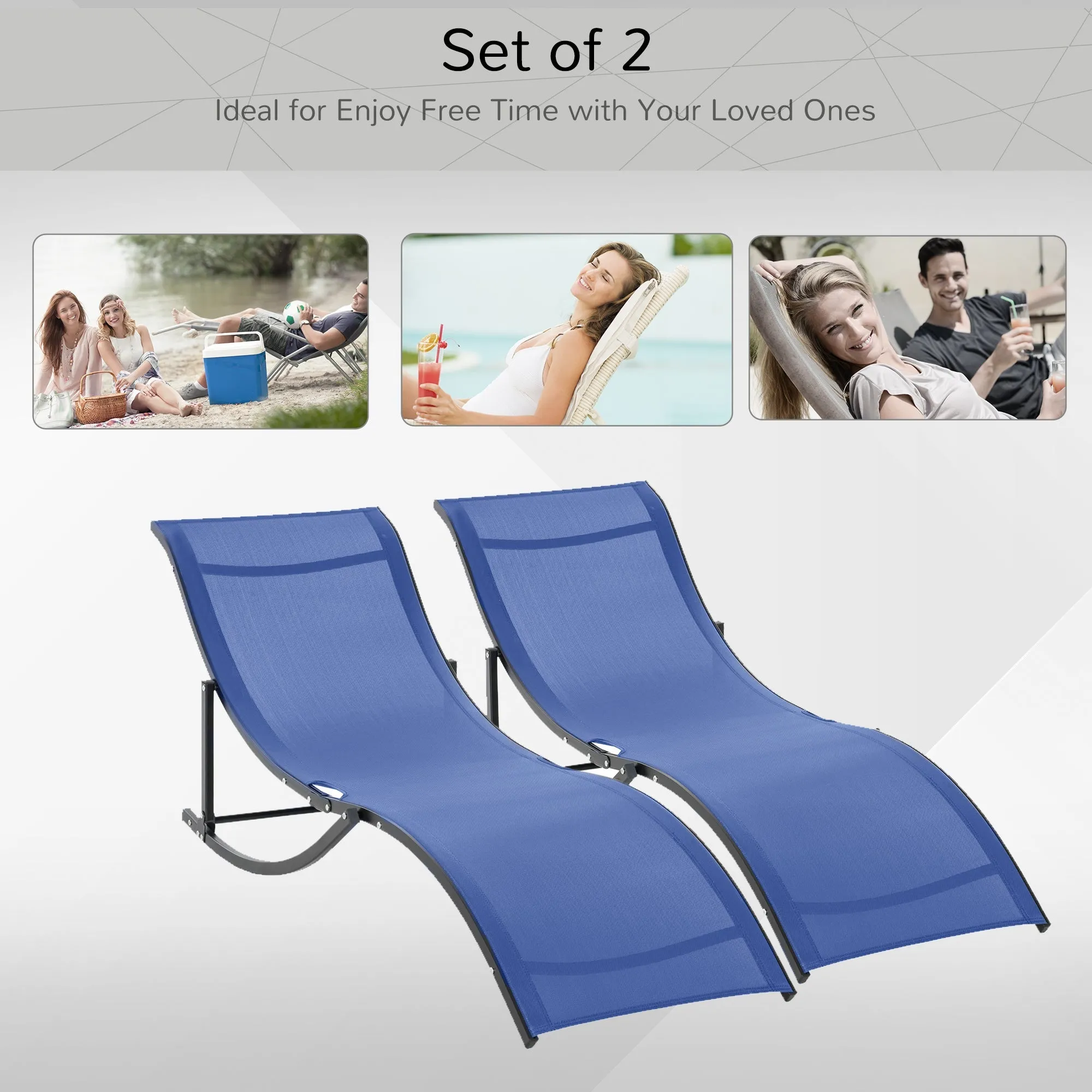 Outsunny Set Of 2 S-Shaped Foldable Lounge Chair Sun Lounger Reclining Outdoor Chair For Patio Beach Garden Blue
