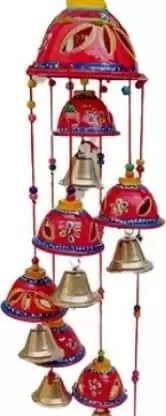 PANCHOLI UNIQUE Plastic Rajasthani Design Handcrafted Hanging Windchimes|Latkan with 8 Bells for Home Dcor & Positive Energy(RED)