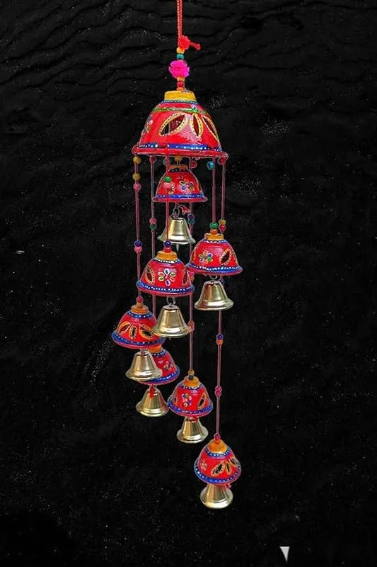 PANCHOLI UNIQUE Plastic Rajasthani Design Handcrafted Hanging Windchimes|Latkan with 8 Bells for Home Dcor & Positive Energy(RED)