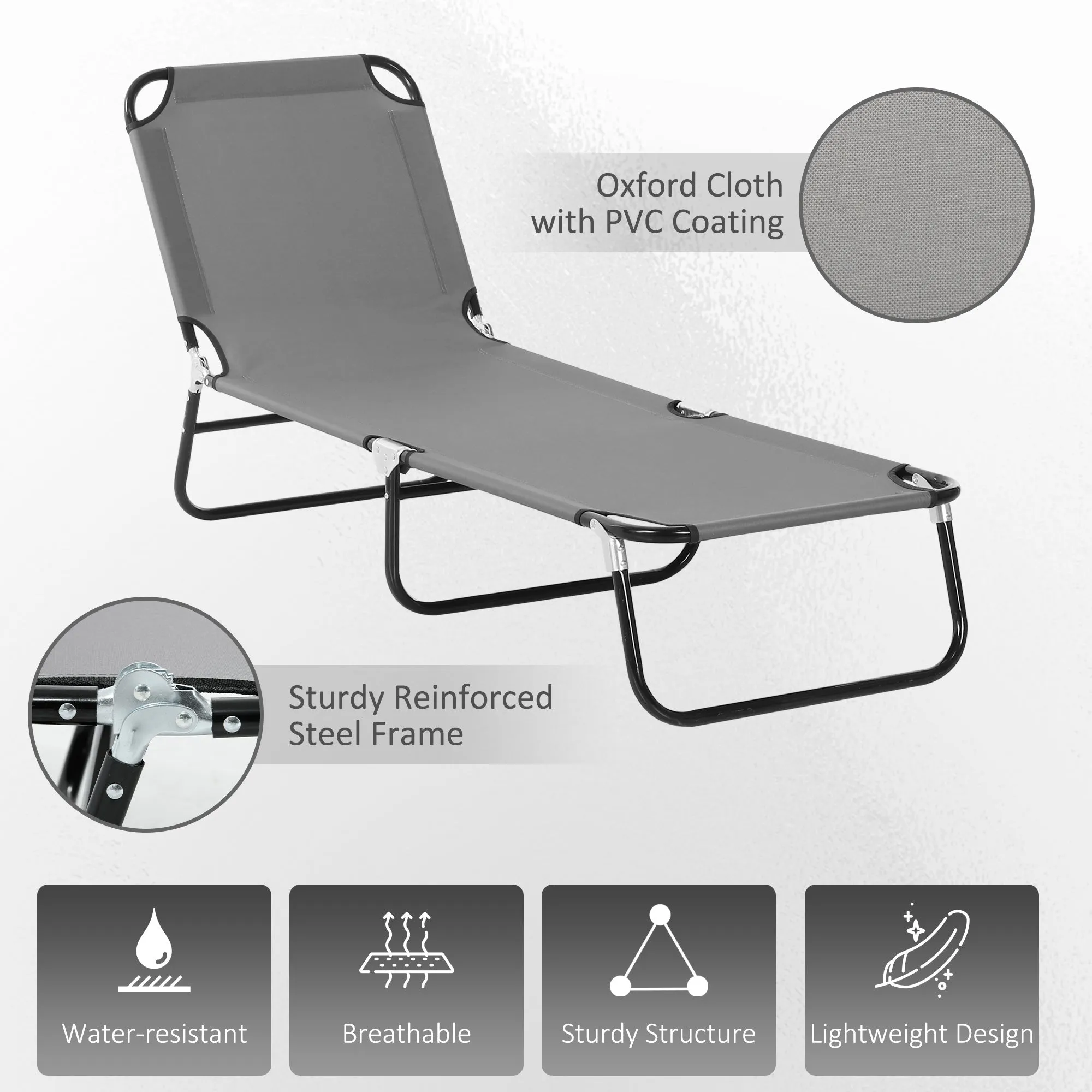 Portable Folding Sun Lounger With 5-Position Adjustable Backrest Relaxer Recliner with Lightweight Frame Great for Pool or Sun Bathing Grey
