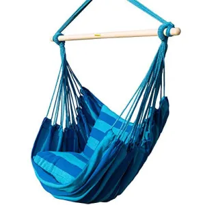 PRIME GARDEN SEASIDE STRIPE SOFT COMFORT HANGING ROPE HAMMOCK CHAIR FOR ANY INDOOR OR OUTDOOR SPACES -- MAX. 275 LBS/SEASIDE BLUE STRIPE
