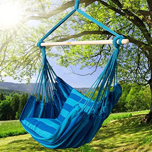 PRIME GARDEN SEASIDE STRIPE SOFT COMFORT HANGING ROPE HAMMOCK CHAIR FOR ANY INDOOR OR OUTDOOR SPACES -- MAX. 275 LBS/SEASIDE BLUE STRIPE