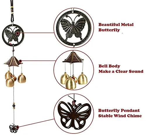 PSEUDO Butterfly Metal Wind Chimes for Home Balcony Garden Positive Energy, Home Decor Hanging Long Brass Bells Gifts for Loved Ones 3 Bells