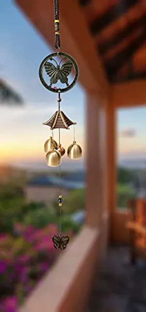 PSEUDO Butterfly Metal Wind Chimes for Home Balcony Garden Positive Energy, Home Decor Hanging Long Brass Bells Gifts for Loved Ones 3 Bells