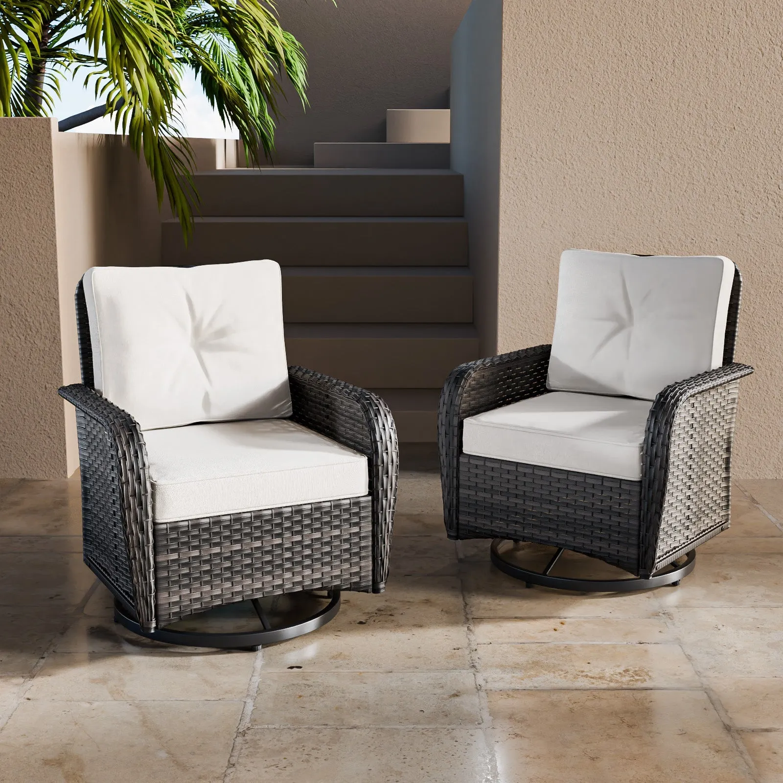 Rustic Veranda Outdoor Patio Swivel Rocking Chairs, Set of 2, Gray/Beige
